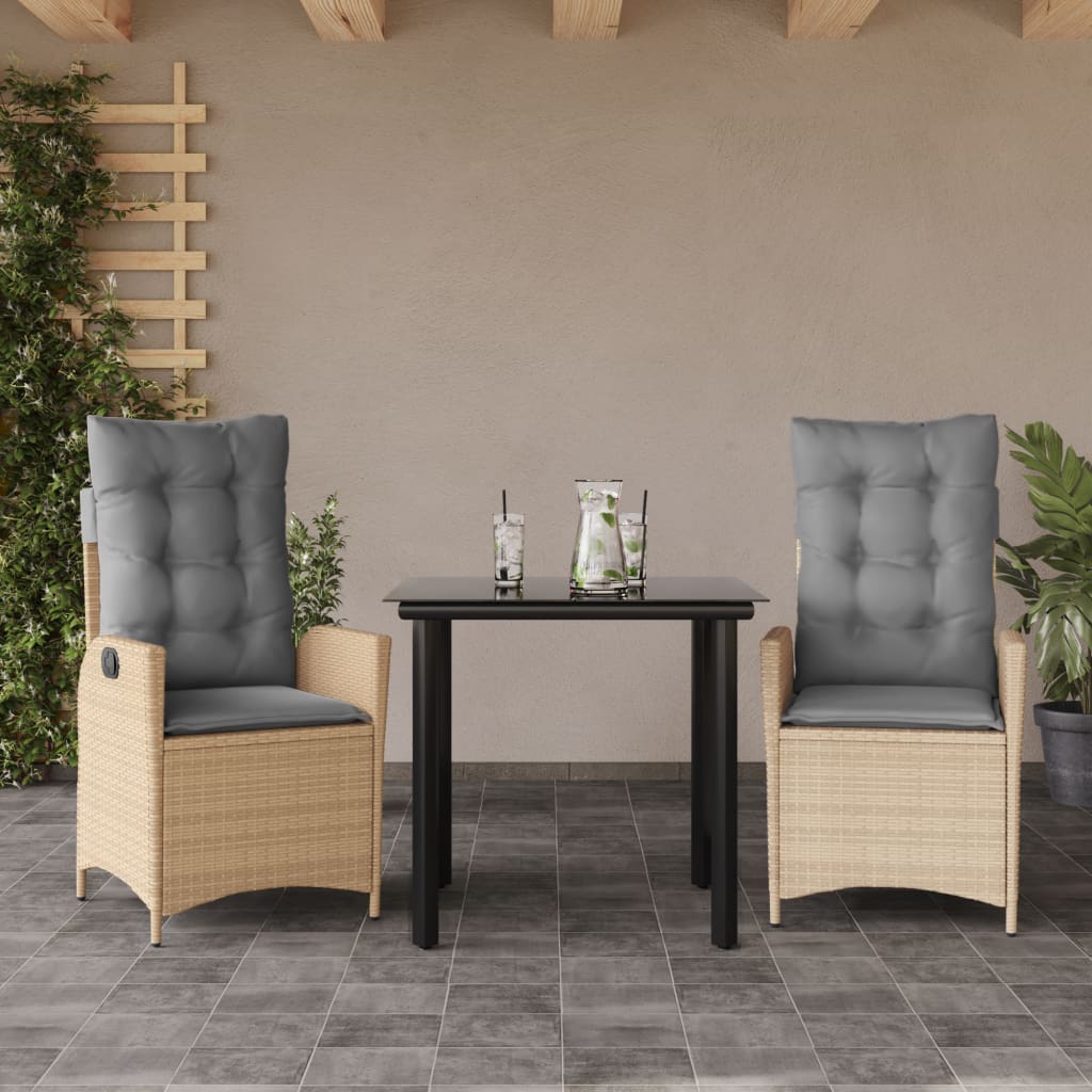 spisebordssæt til haven 3 dele med hynder polyrattan beige