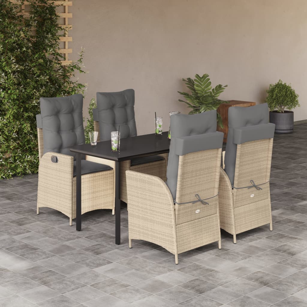 spisebordssæt til haven 5 dele med hynder polyrattan beige