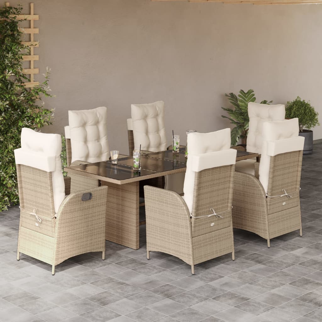 spisebordssæt til haven 7 dele med hynder polyrattan beige