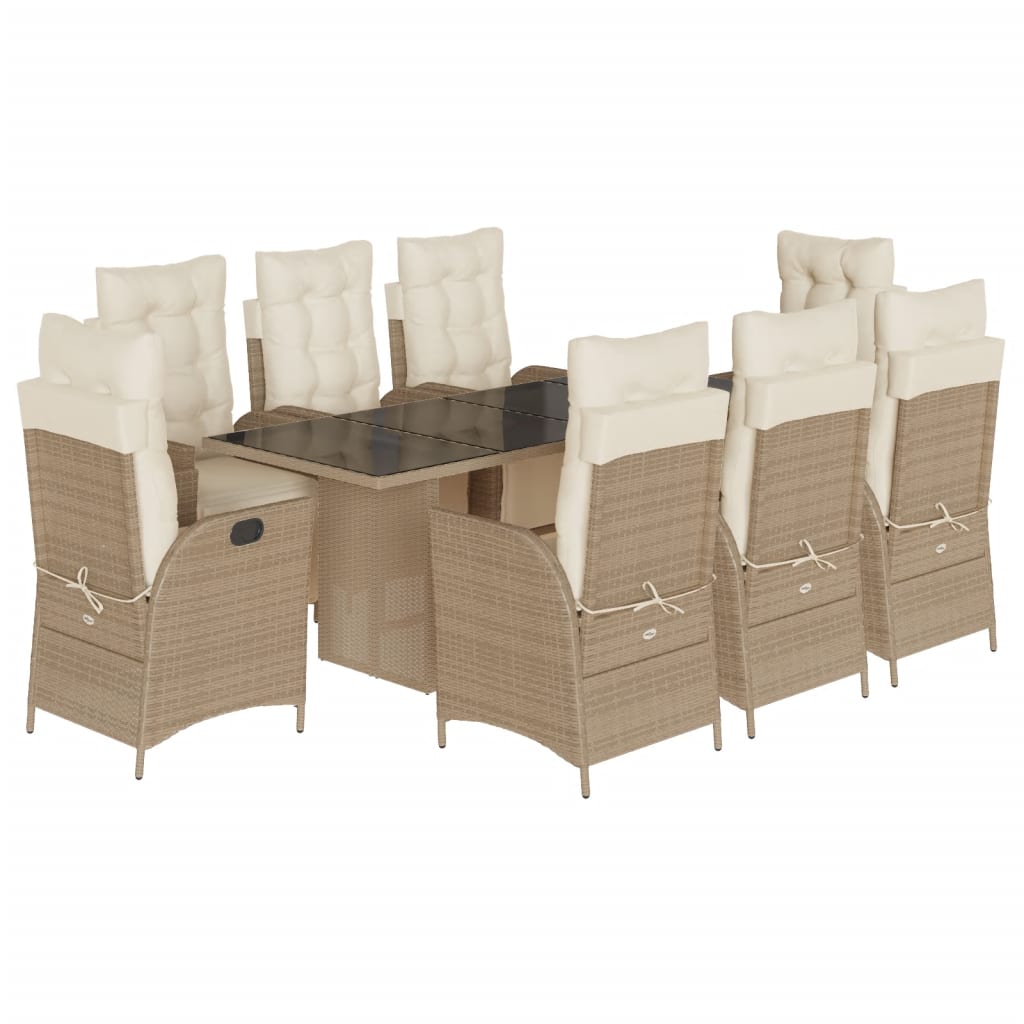 spisebordssæt til haven 9 dele med hynder polyrattan beige