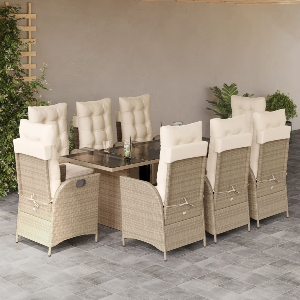 spisebordssæt til haven 9 dele med hynder polyrattan beige