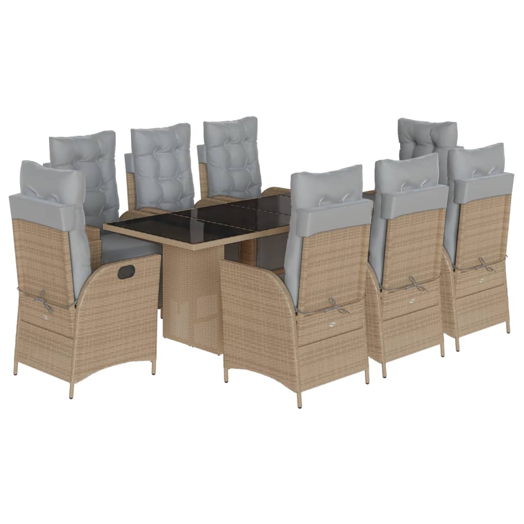 spisebordssæt til haven 9 dele med hynder polyrattan beige