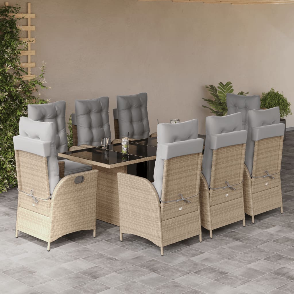 spisebordssæt til haven 9 dele med hynder polyrattan beige