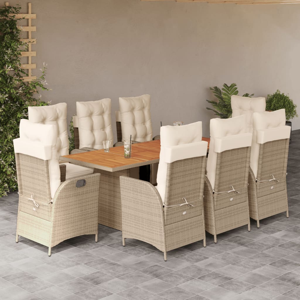 spisebordssæt til haven 9 dele med hynder polyrattan beige
