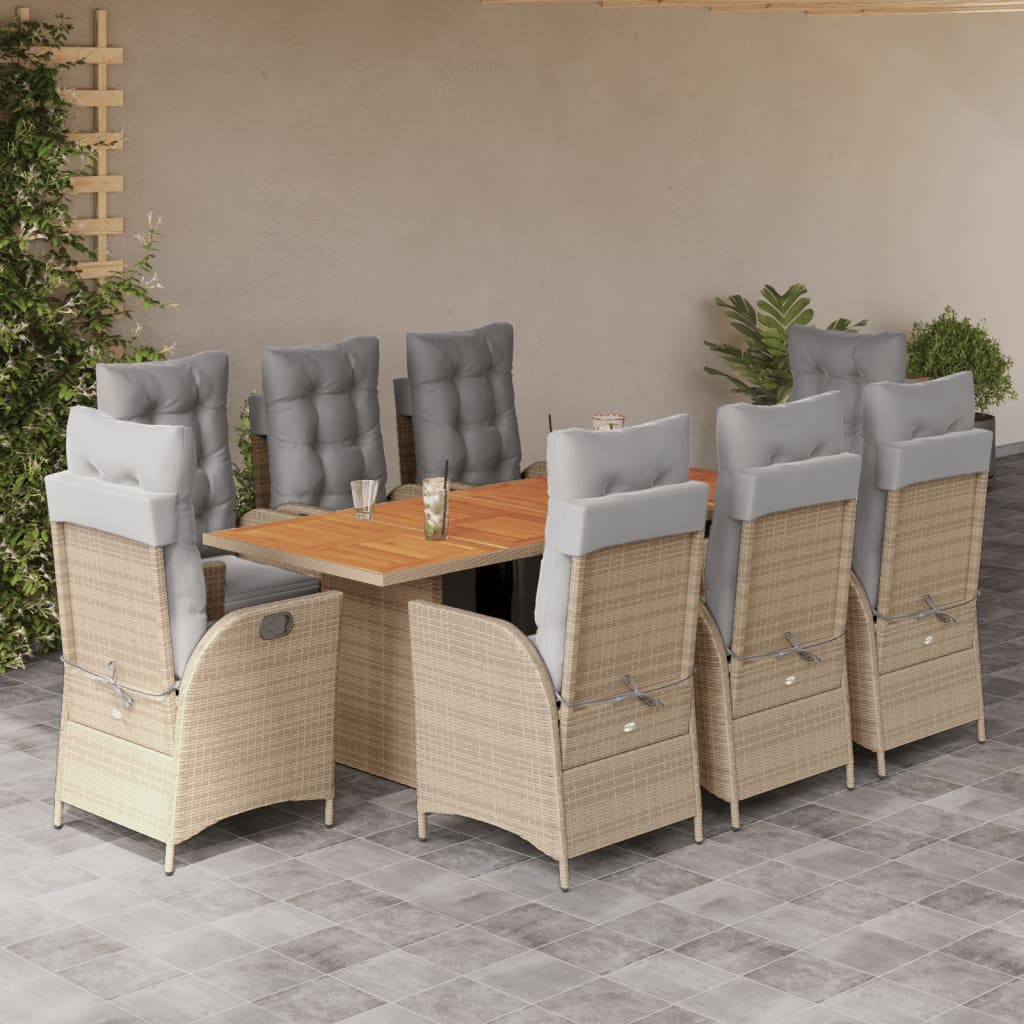 spisebordssæt til haven 9 dele med hynder polyrattan beige