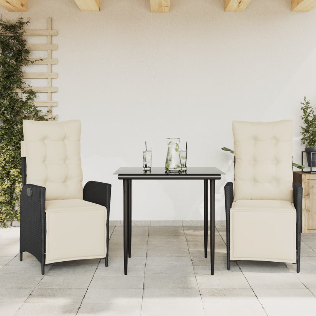 spisebordssæt til haven 3 dele med hynder polyrattan sort