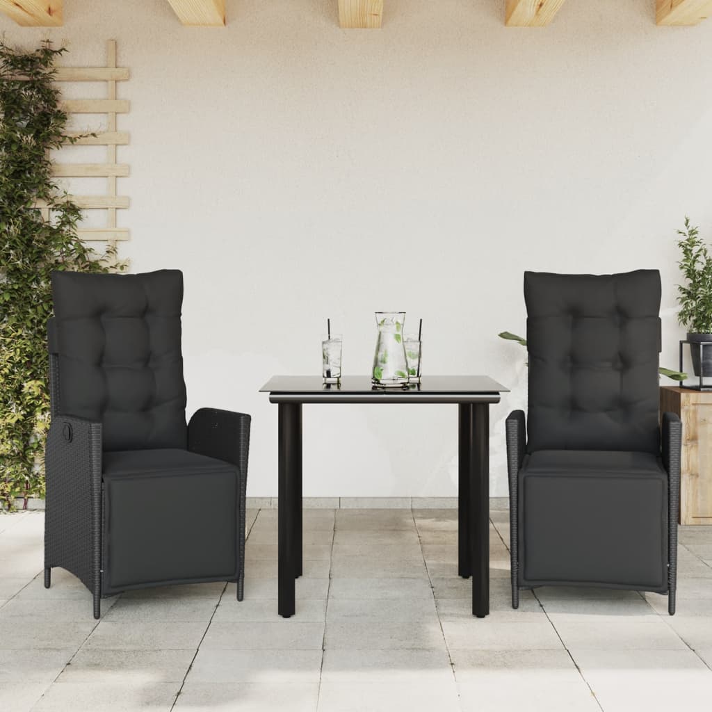 spisebordssæt til haven 3 dele med hynder polyrattan sort