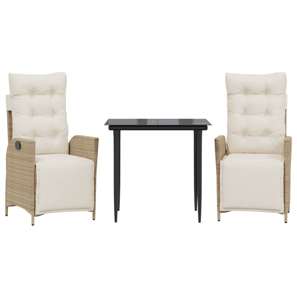 spisebordssæt til haven 3 dele med hynder polyrattan beige