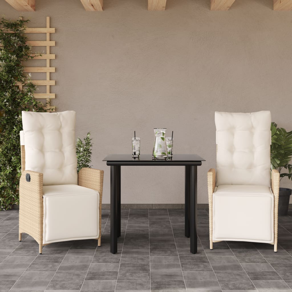spisebordssæt til haven 3 dele med hynder polyrattan beige