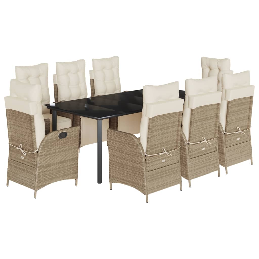 spisebordssæt til haven 9 dele med hynder polyrattan beige