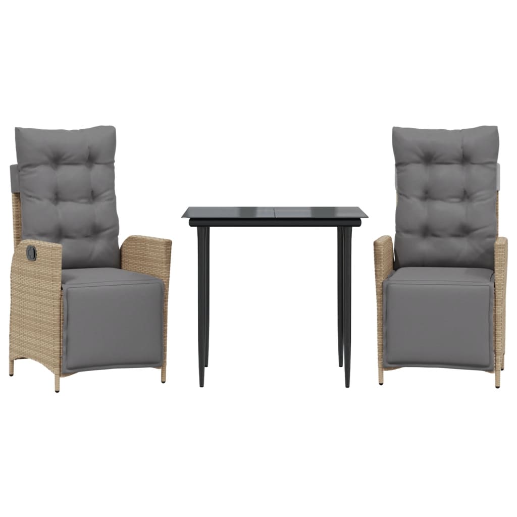 spisebordssæt til haven 3 dele med hynder polyrattan beige