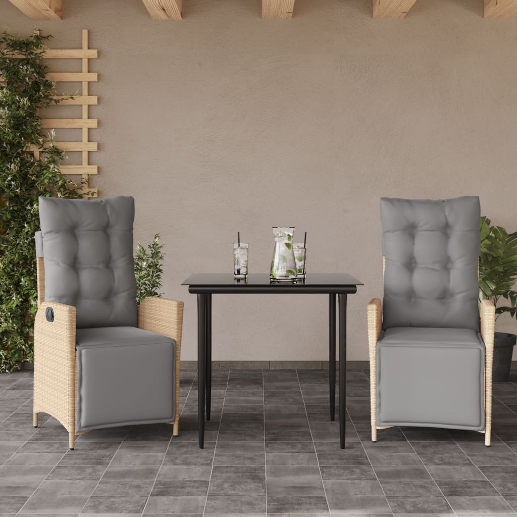 spisebordssæt til haven 3 dele med hynder polyrattan beige