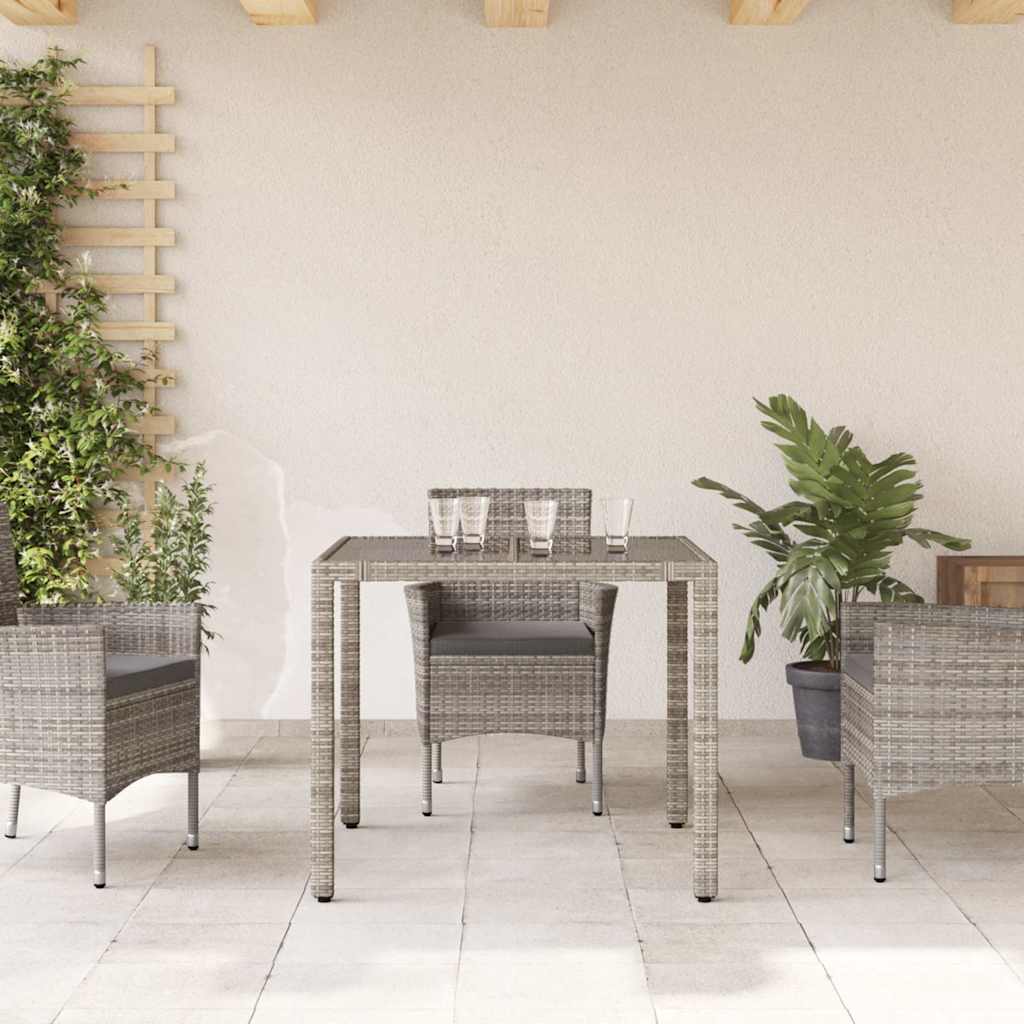 havebord med glastop 90x90x75 cm polyrattan grå