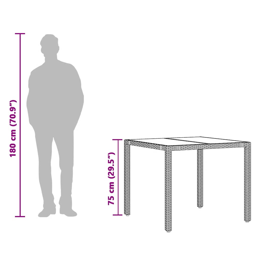 havebord med glastop 90x90x75 cm polyrattan grå