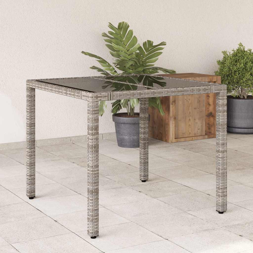 havebord med glastop 90x90x75 cm polyrattan grå
