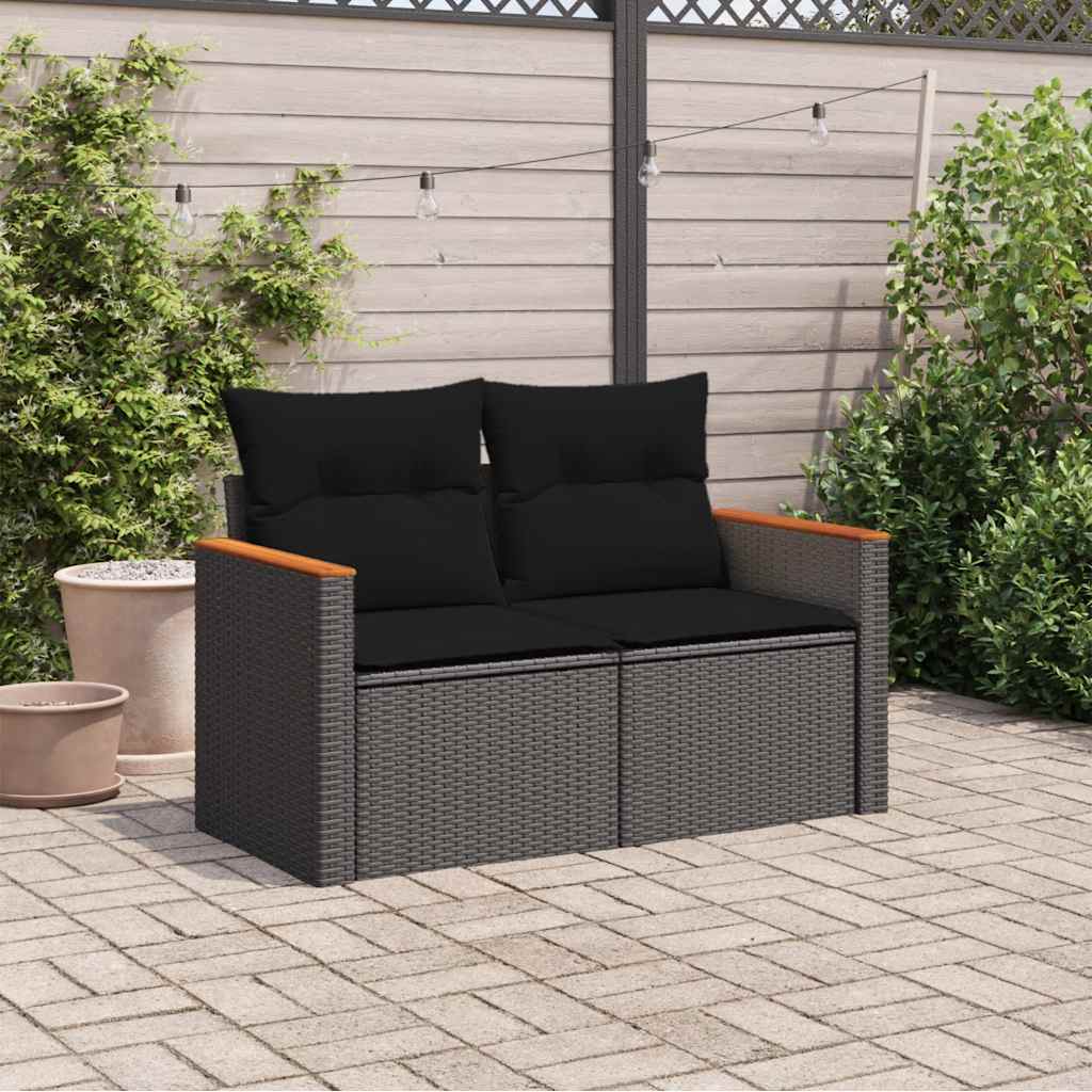havesofa med hynder 2-personers sort polyrattan