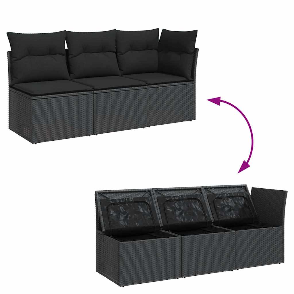 havesofa med hynder 3-personers sort polyrattan