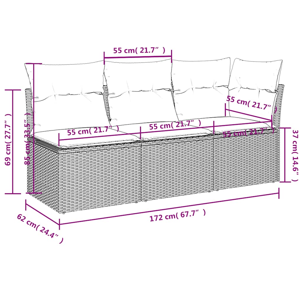 havesofa med hynder 3-personers sort polyrattan
