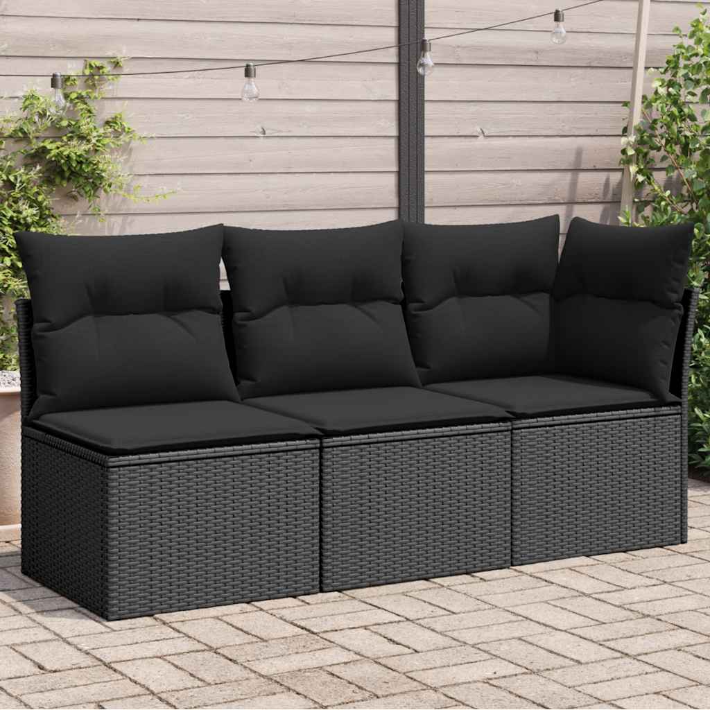 havesofa med hynder 3-personers sort polyrattan