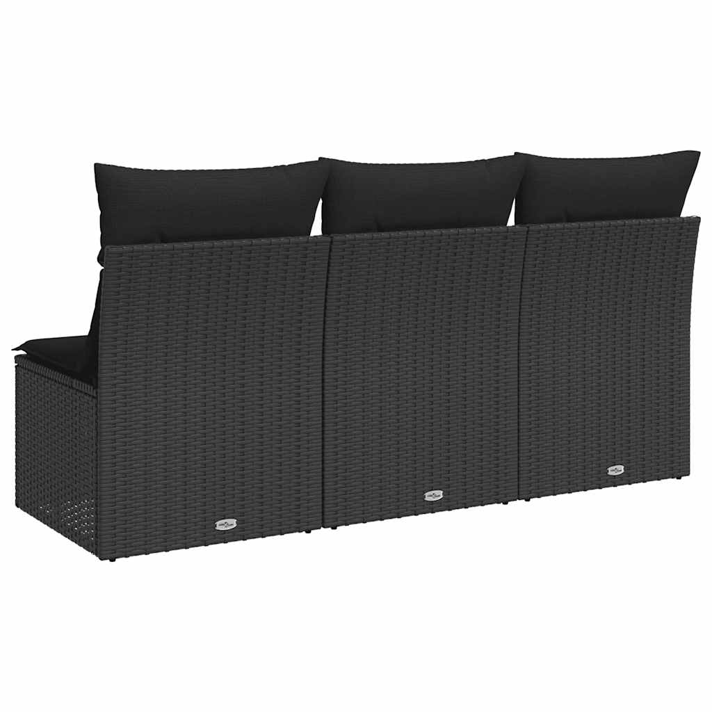 havesofa med hynder 3-personers sort polyrattan