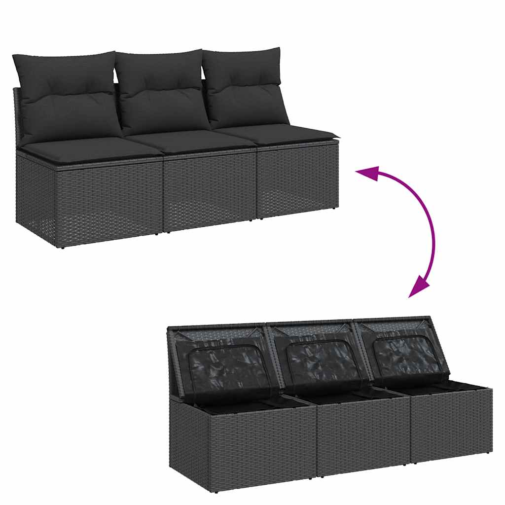 havesofa med hynder 3-personers sort polyrattan