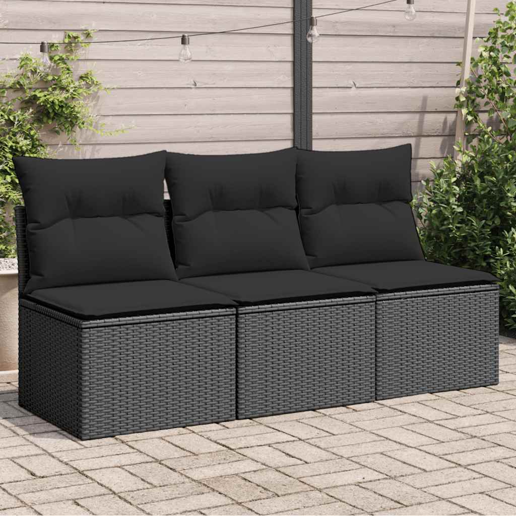 havesofa med hynder 3-personers sort polyrattan