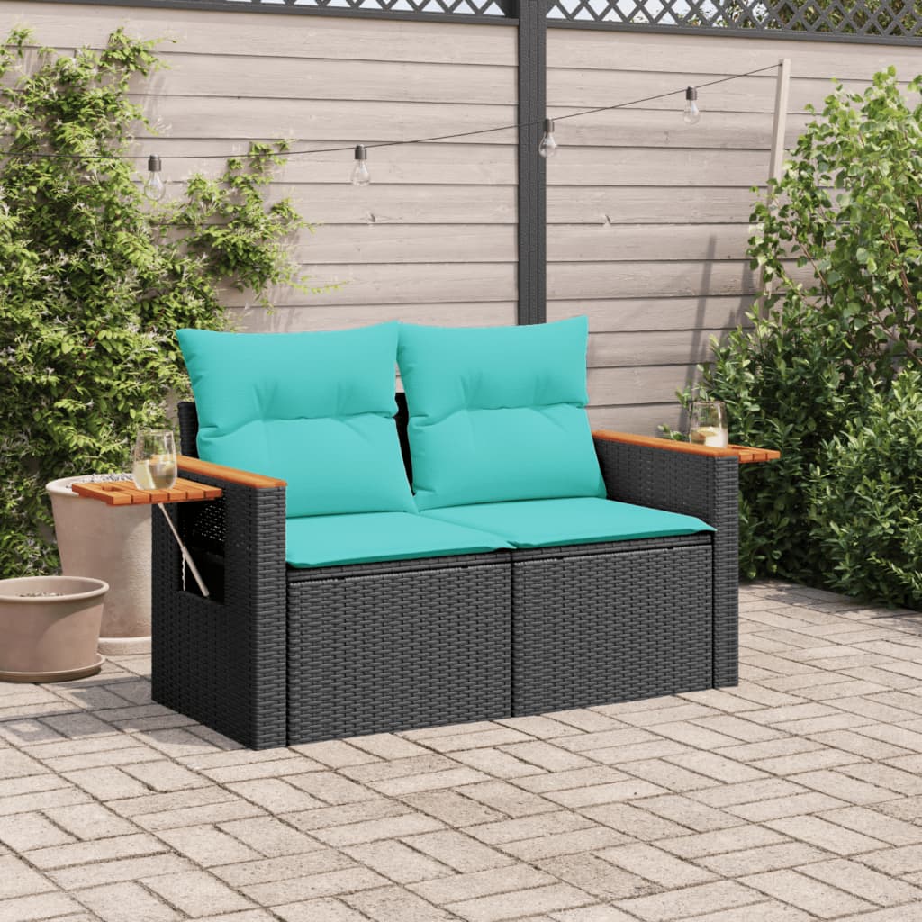 havesofa med hynder 2-personers sort polyrattan