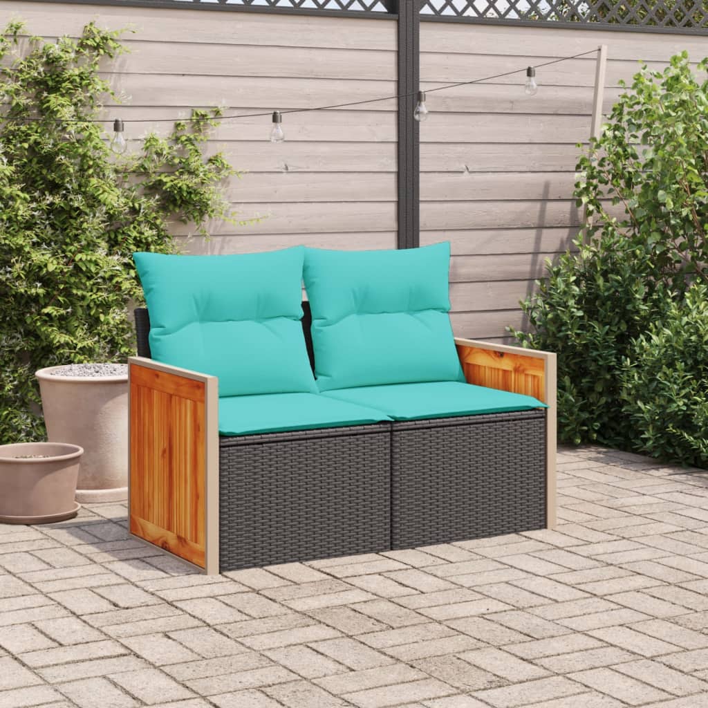 havesofa med hynder 2-personers sort polyrattan
