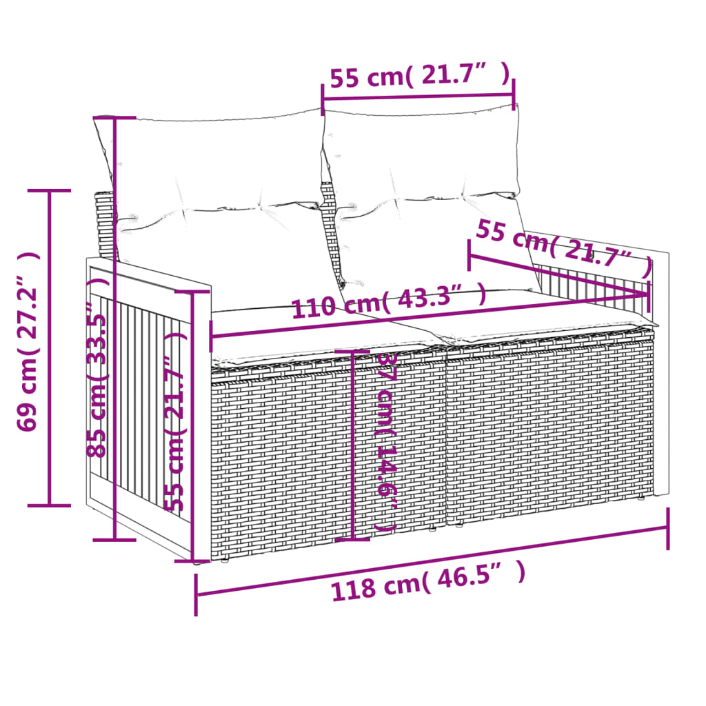 havesofa med hynder 2-personers sort polyrattan