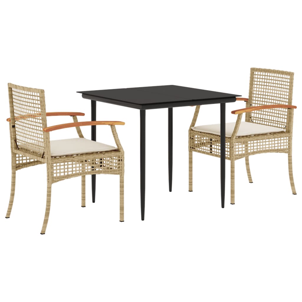 spisebordssæt til haven 3 dele med hynder polyrattan beige
