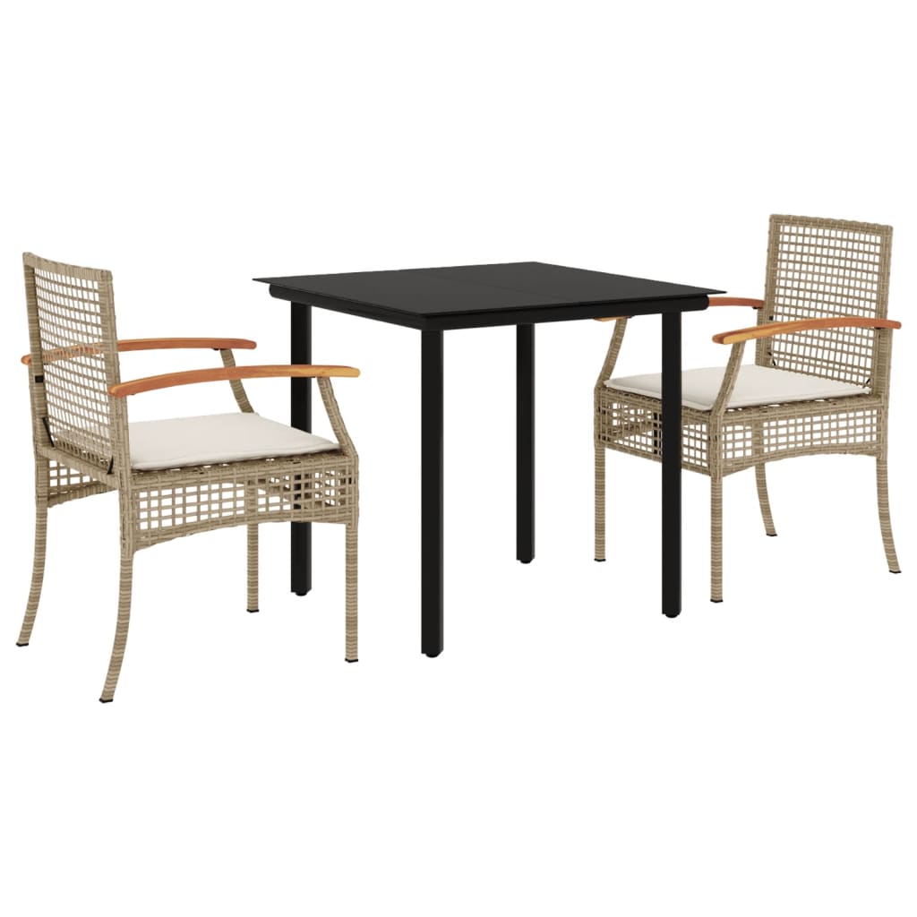 spisebordssæt til haven 3 dele med hynder polyrattan beige