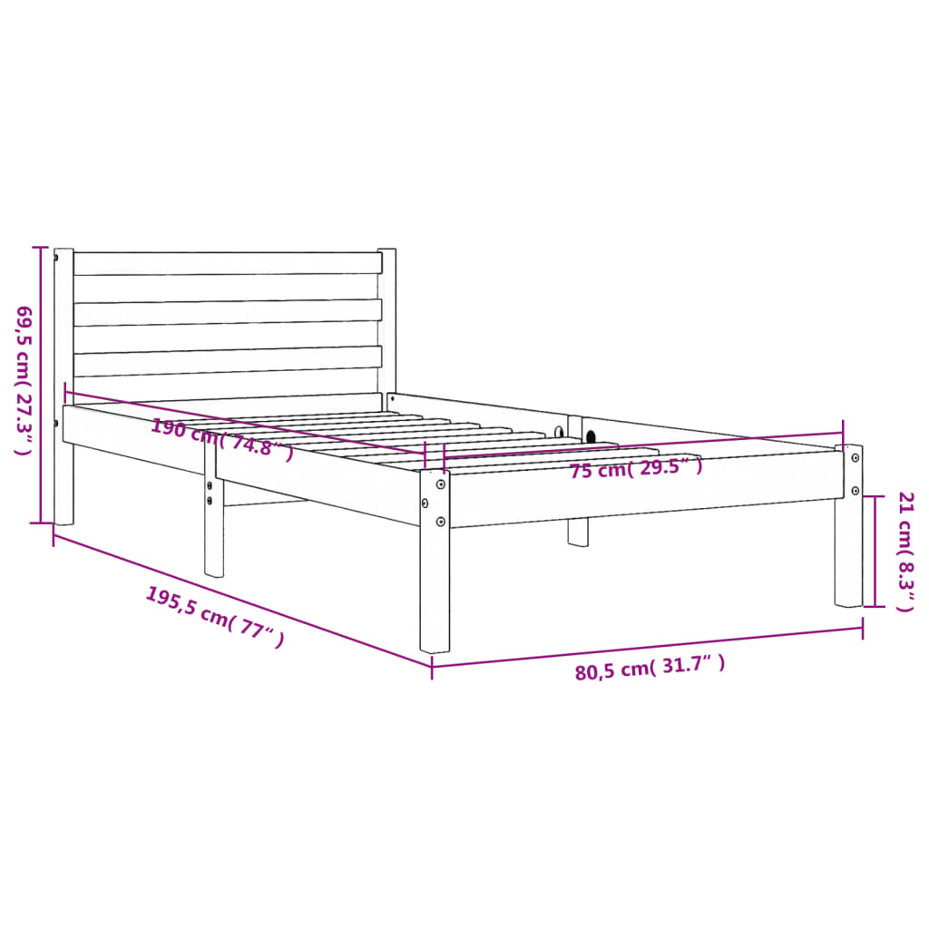 sengeramme uden madras 75x190 cm massivt fyrretræ gyldenbrun