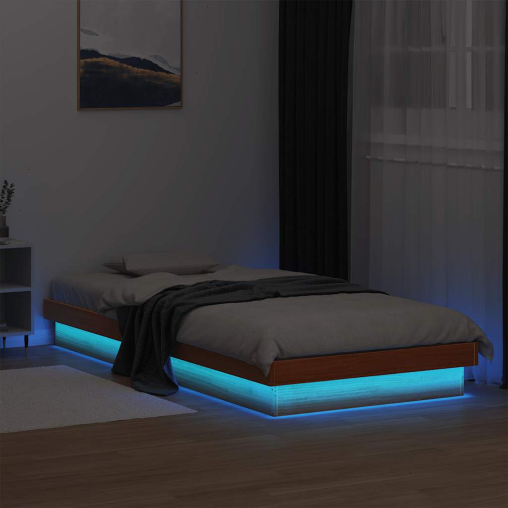 sengeramme med LED-lys 90x200 cm massivt fyrretræ gyldenbrun