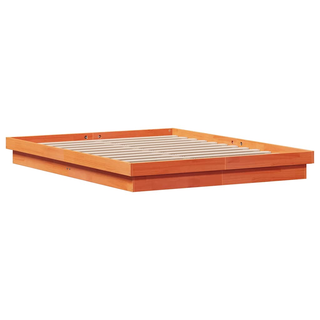 sengeramme med LED-lys 150x200 cm massivt fyrretræ gyldenbrun