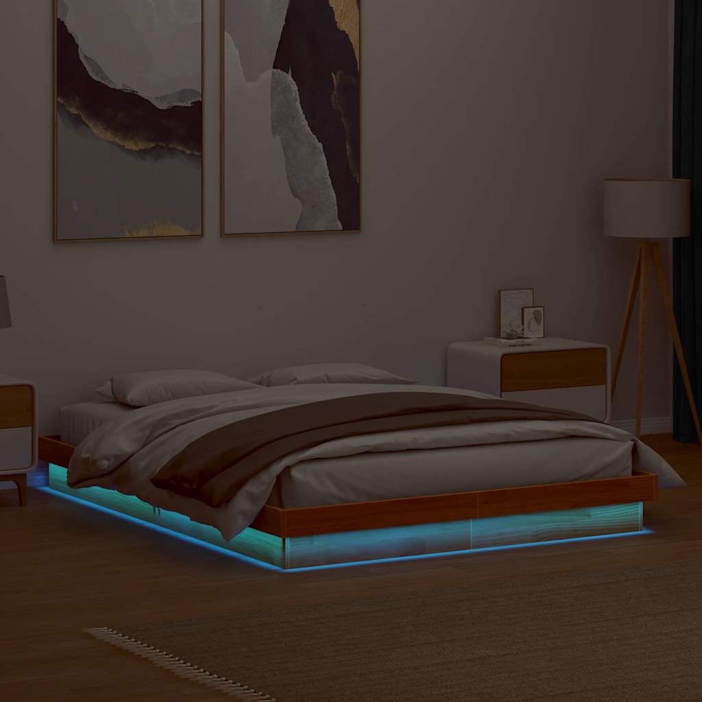 sengeramme med LED-lys 150x200 cm massivt fyrretræ gyldenbrun