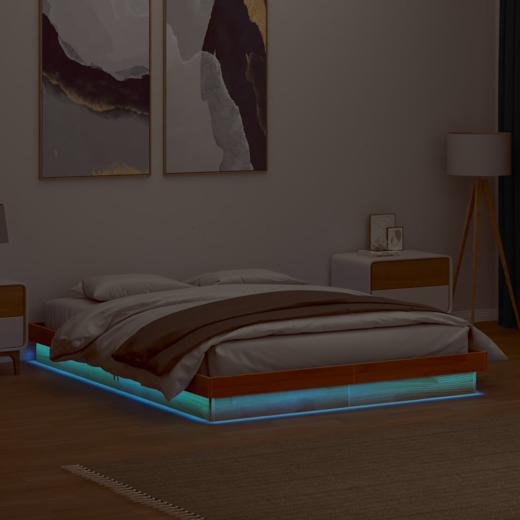 sengeramme med LED-lys 160x200 cm massivt fyrretræ gyldenbrun