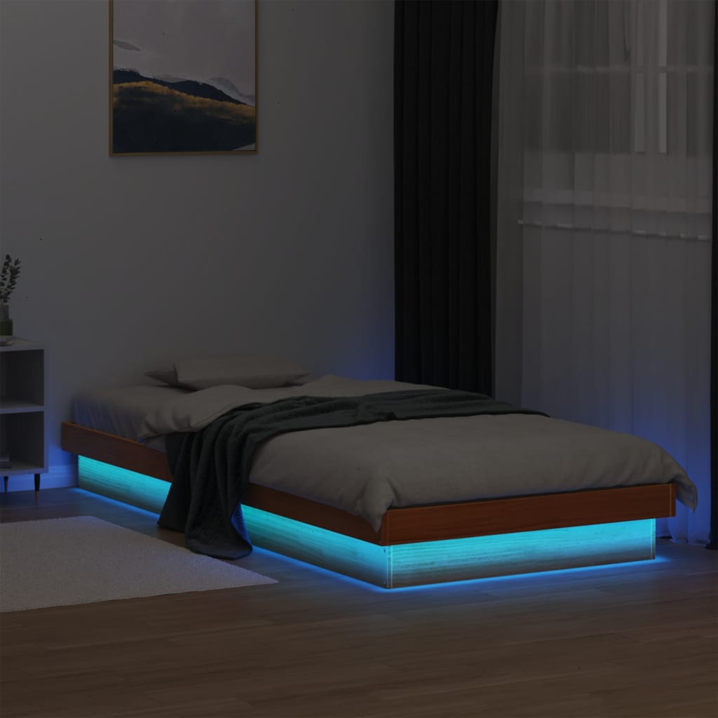 sengeramme med LED-lys 90x190 cm massivt fyrretræ gyldenbrun