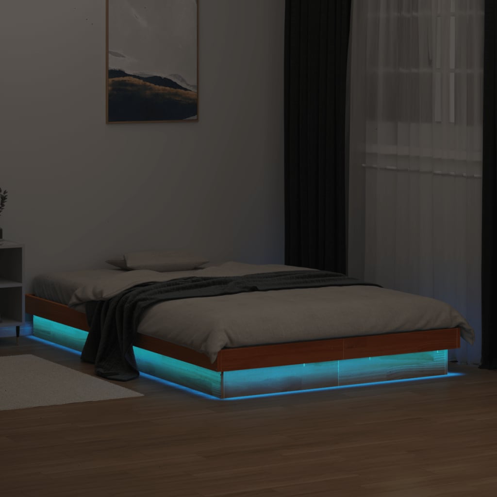 sengeramme med LED-lys 120x190 cm massivt fyrretræ gyldenbrun