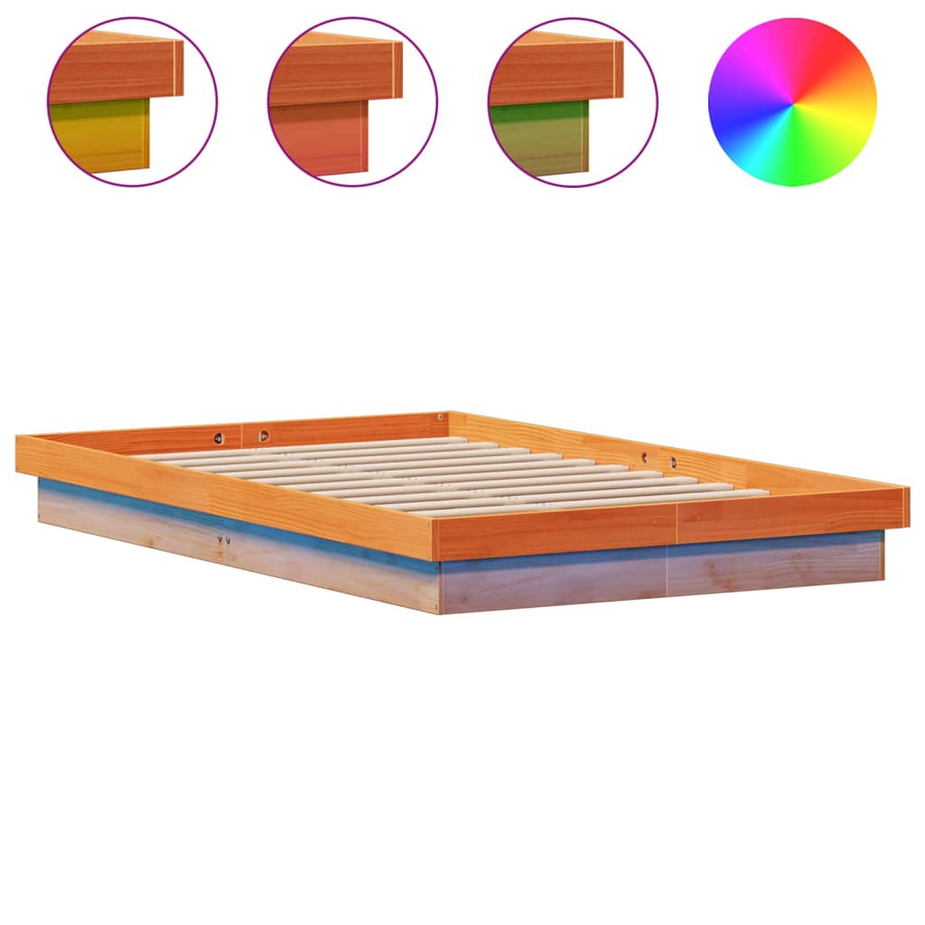 sengeramme med LED-lys 135x190 cm massivt fyrretræ brun