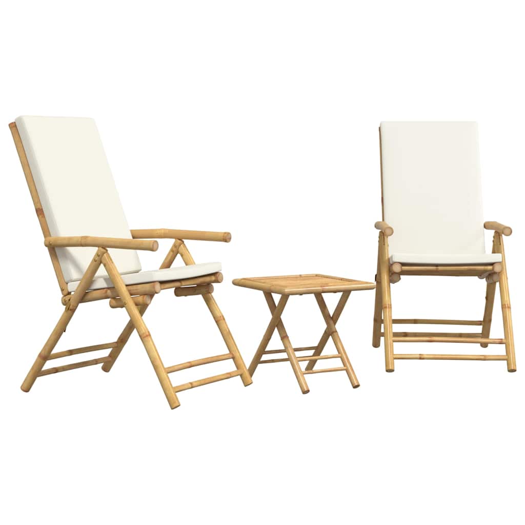 bistrostole 3 stk. foldbare med cremehvide hynder bambus