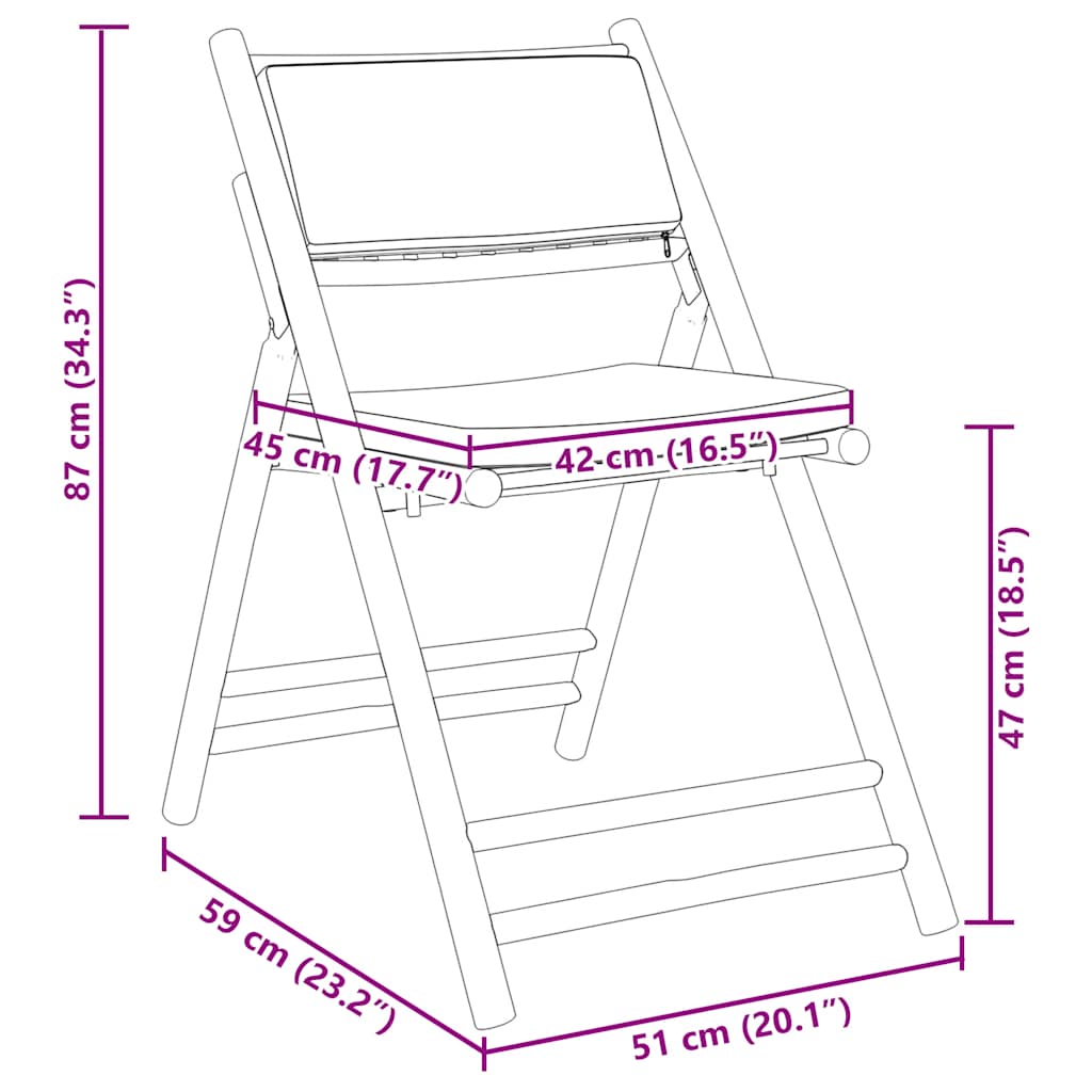 bistrostole 3 stk. foldbare med cremehvide hynder bambus