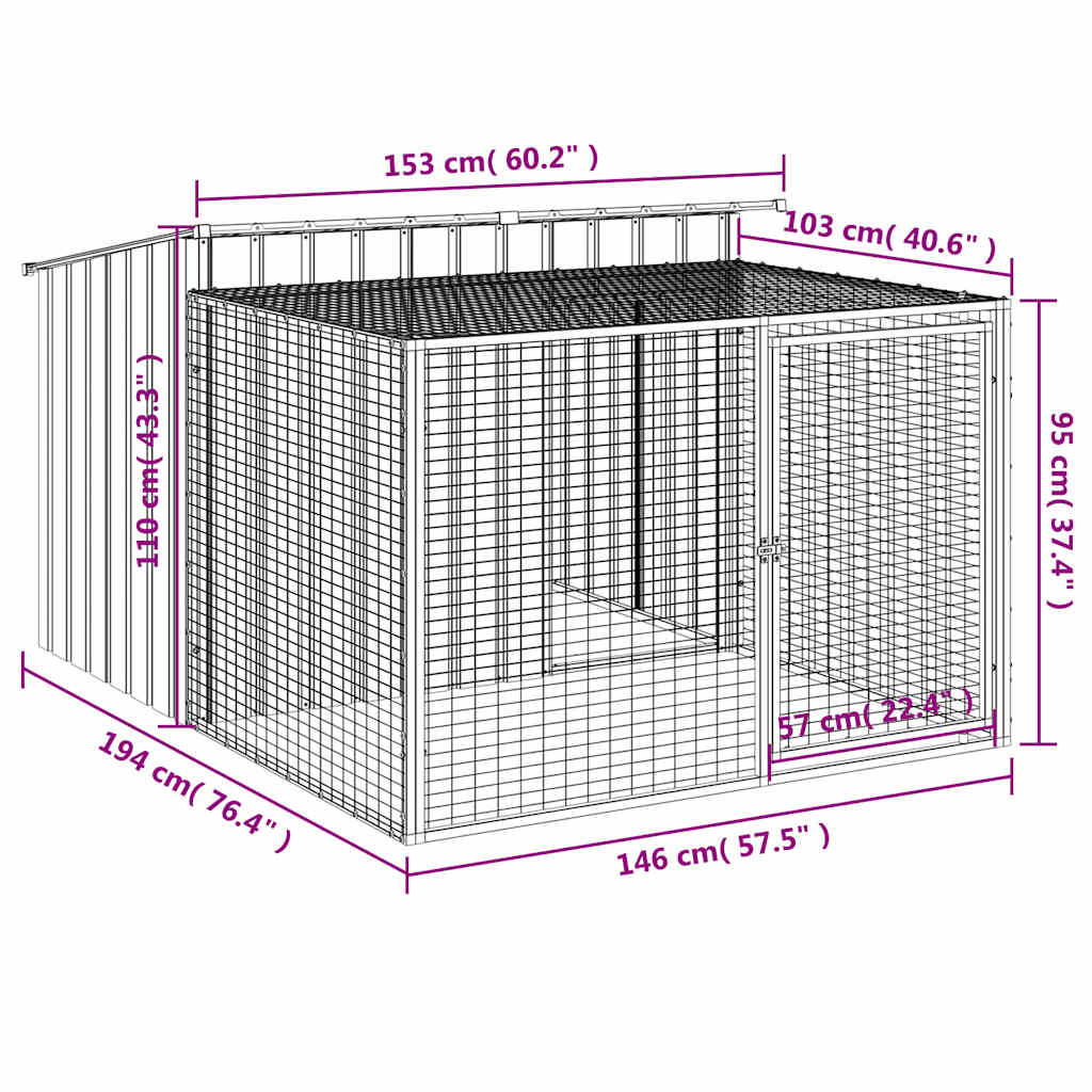 hundehus med løbegård antracit 153x194x110 cm galvaniseret stål