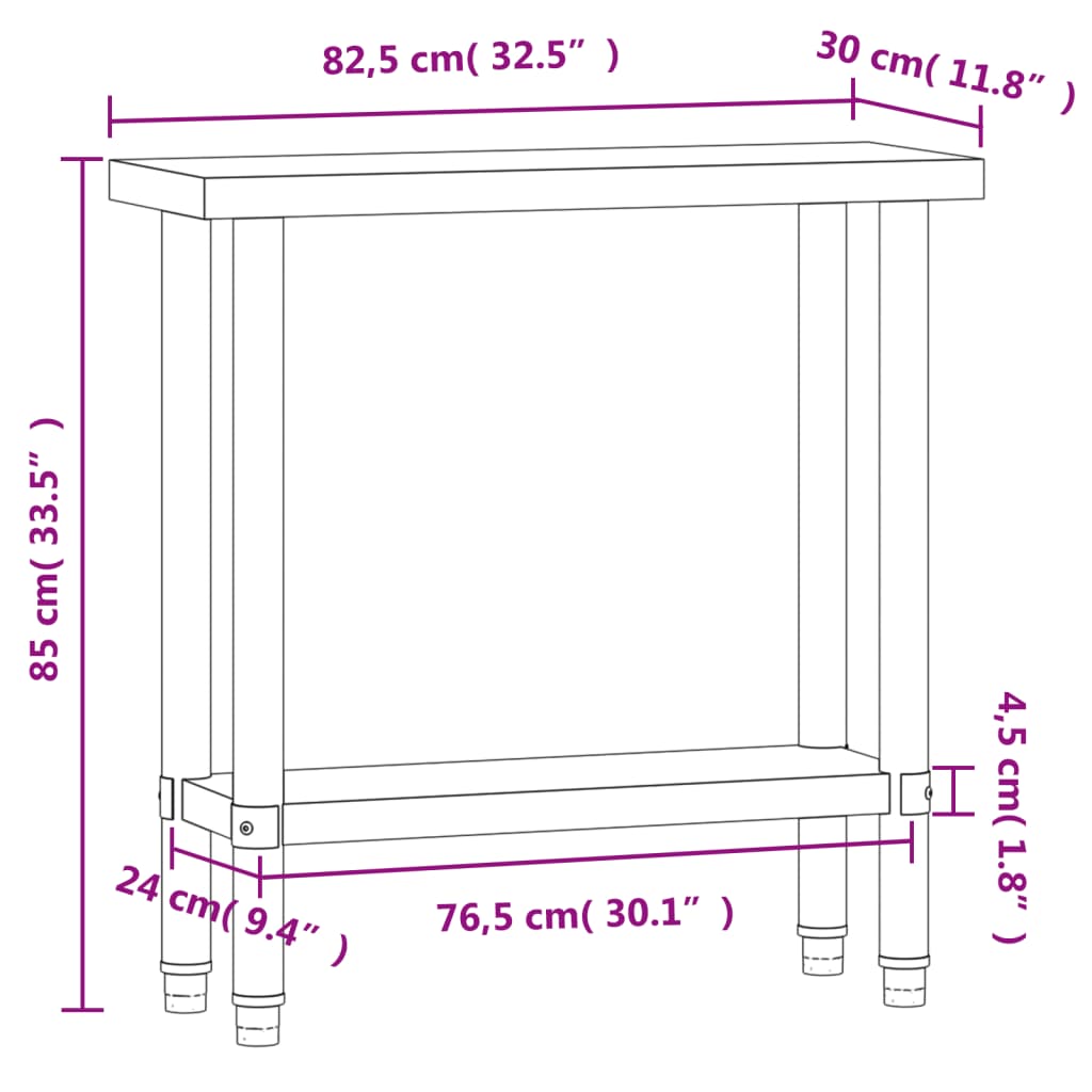 arbejdsbord til køkken 82,5x30x85 cm rustfrit stål