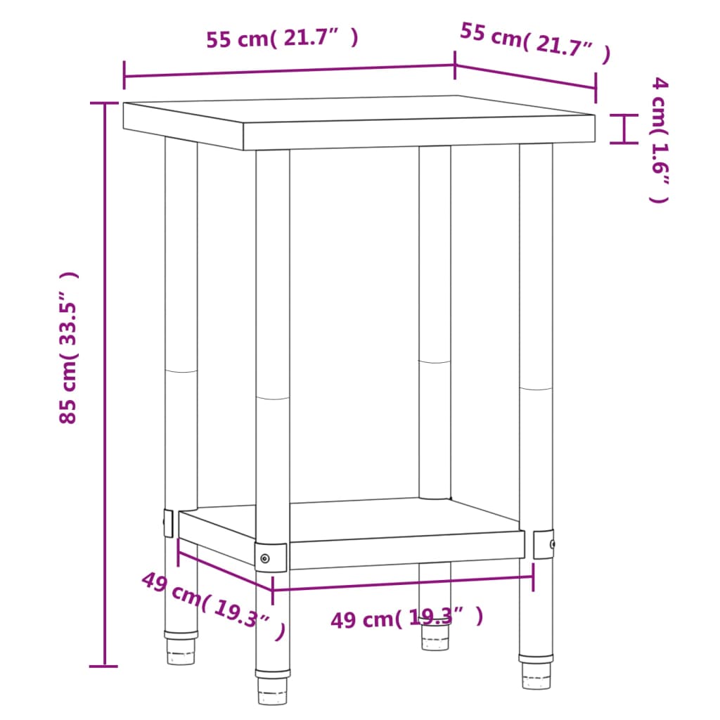 arbejdsbord til køkken 55x55x85 cm rustfrit stål