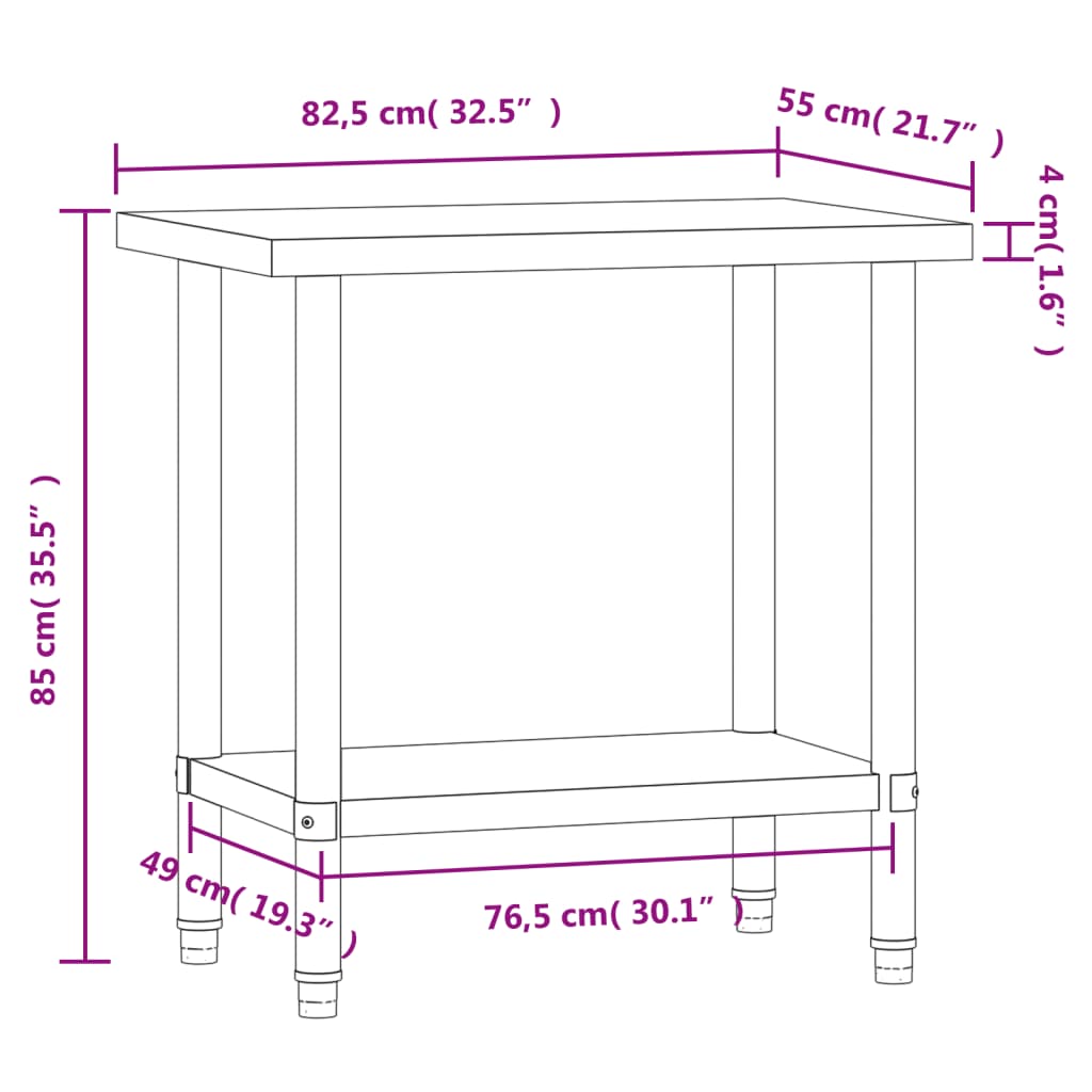 arbejdsbord til køkken 82,5x55x85 cm rustfrit stål