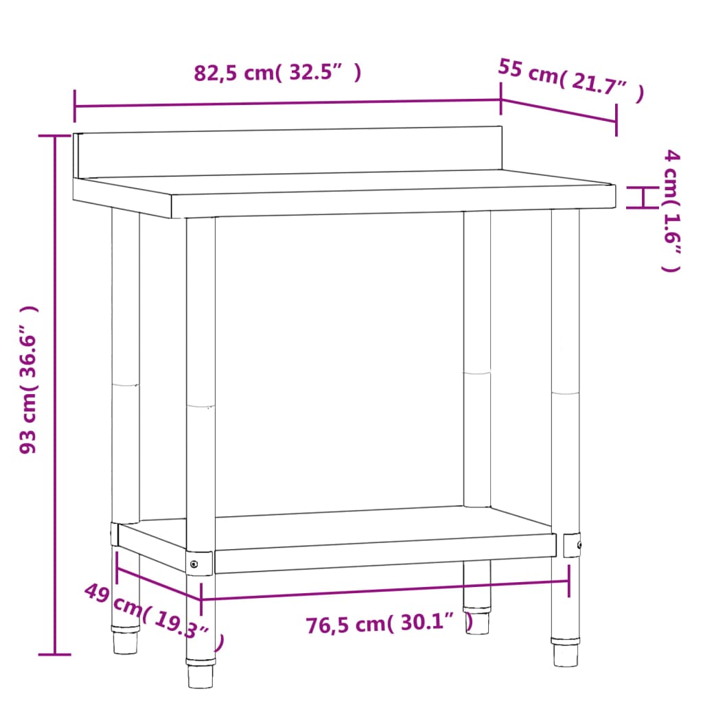 arbejdsbord til køkken m. stænkplade 82,5x55x93 rustfrit stål
