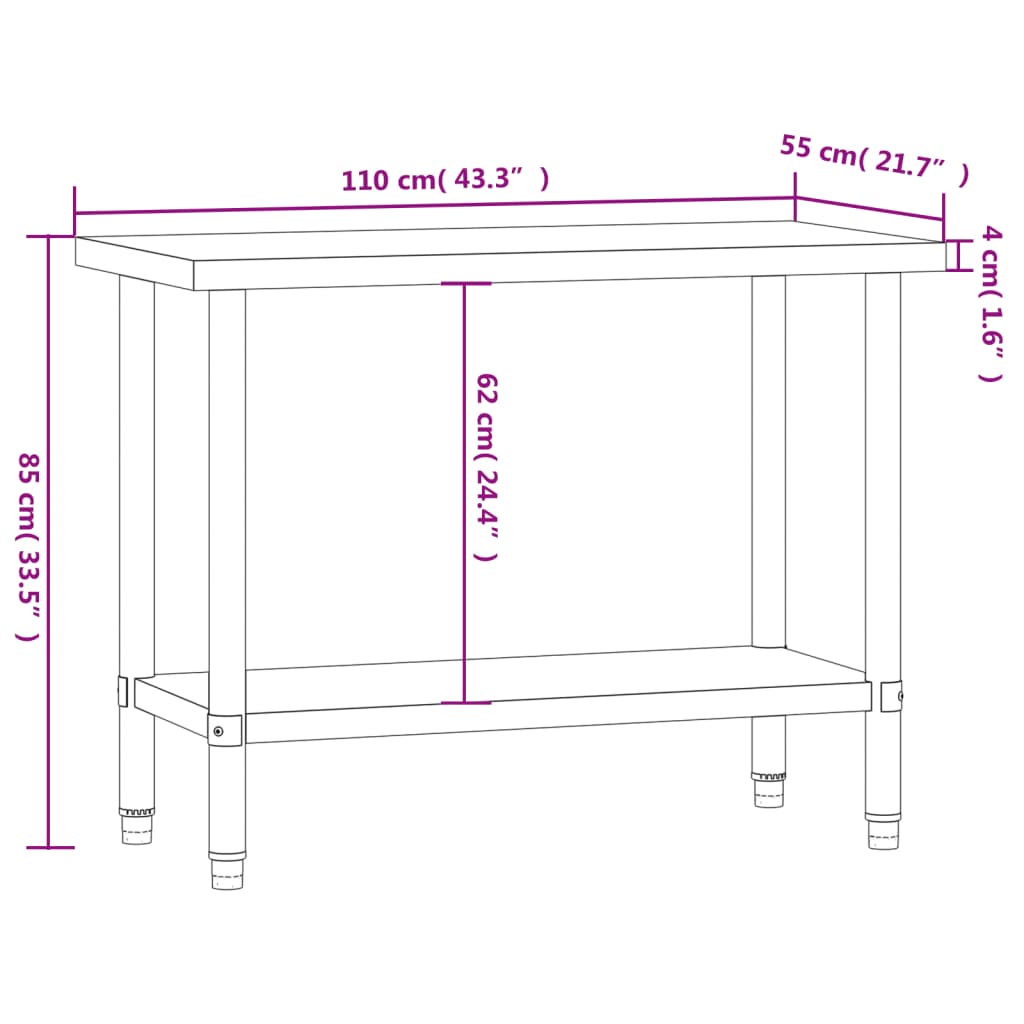 arbejdsbord til køkken 110x55x85 cm rustfrit stål
