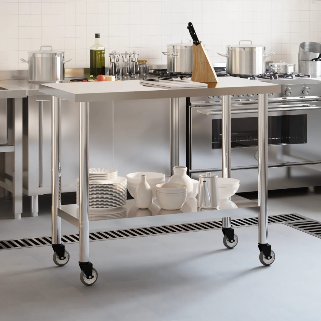arbejdsbord med hjul til køkken 110x55x85 cm rustfrit stål