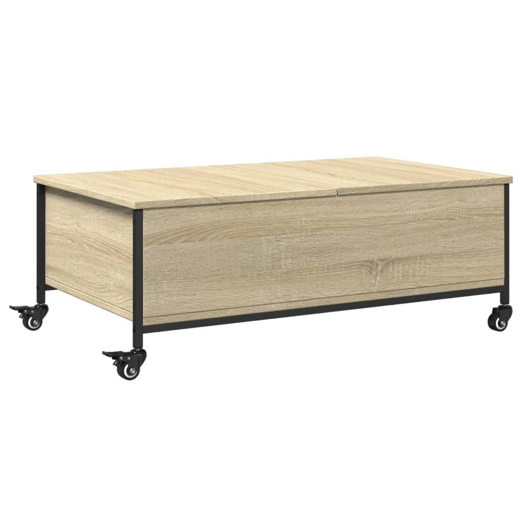 sofabord med hjul 91x55x34 cm konstrueret træ sonoma-eg