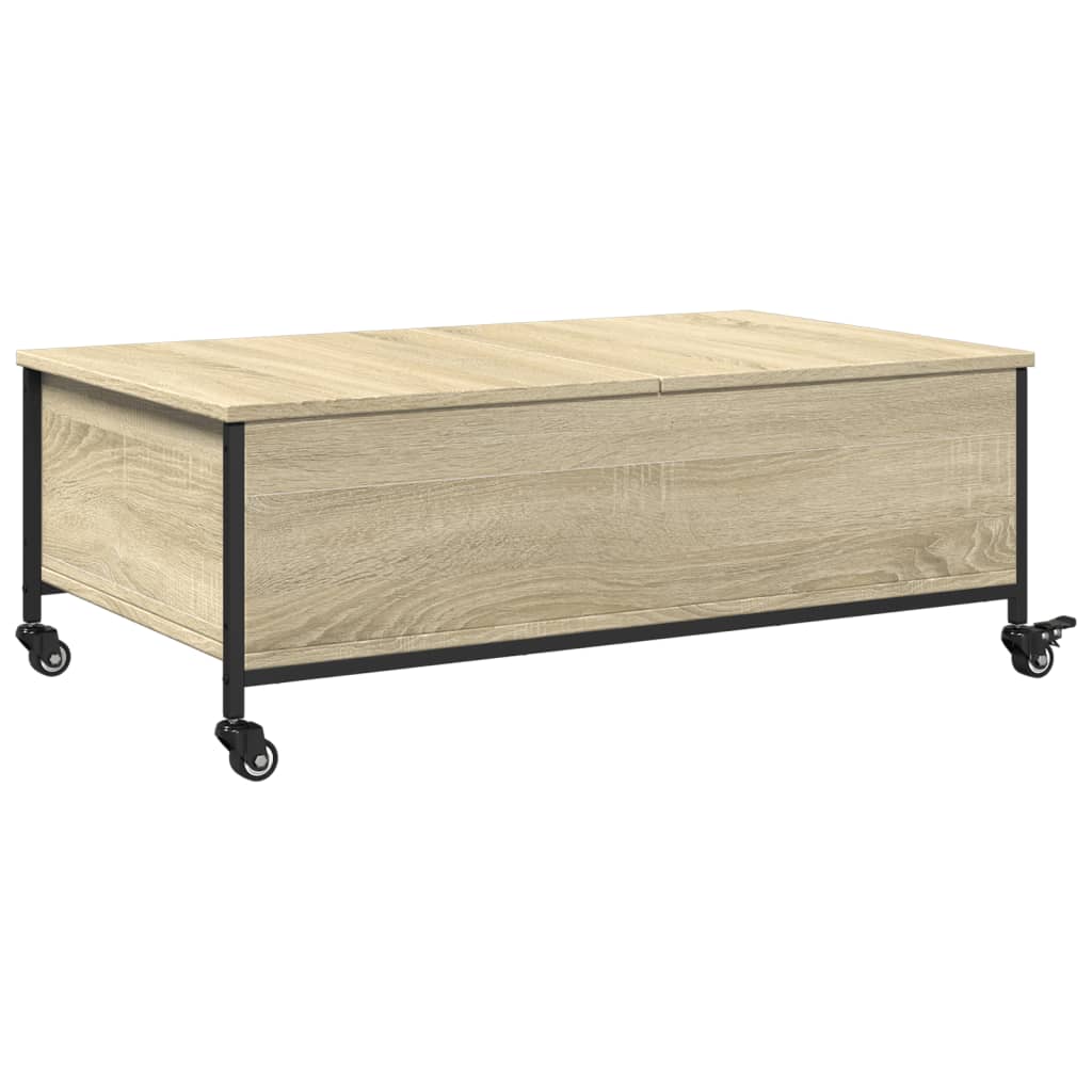 sofabord med hjul 91x55x34 cm konstrueret træ sonoma-eg